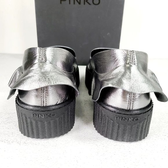 $460 NWT Pinko Silver‎ Chunky Platform Shoes 9 Metallic Ruffle Leather Loafer - Picture 10 of 15
